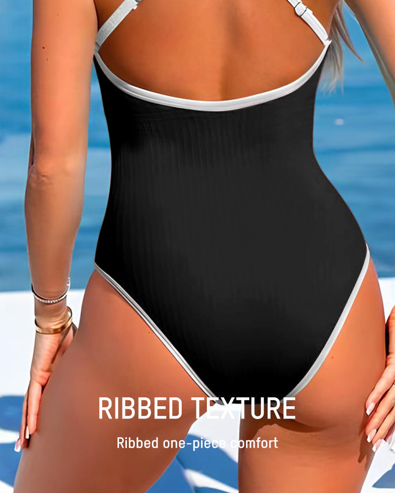 Sleek Deep V Ribbed Cross Back One-Piece Swimsuit for Women