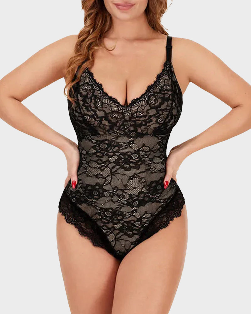 Elegant Deep V Lace Sculpting Thong Bodysuit for Women - Sexy Shapewear