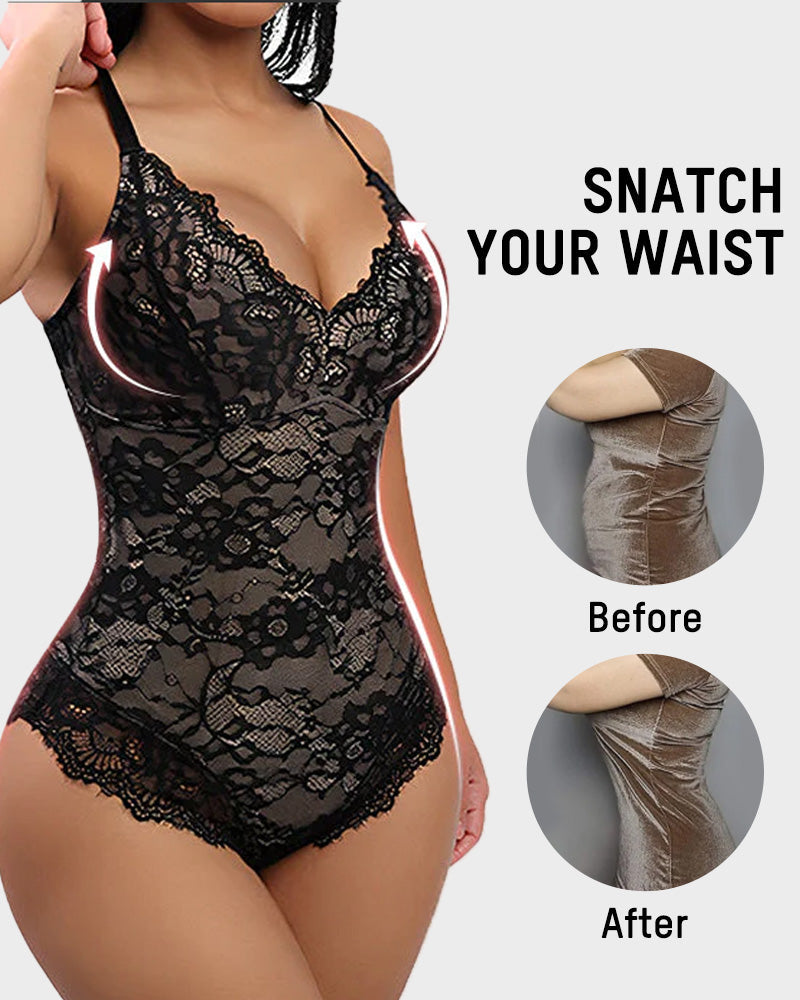 Elegant Deep V Lace Sculpting Thong Bodysuit for Women - Sexy Shapewear