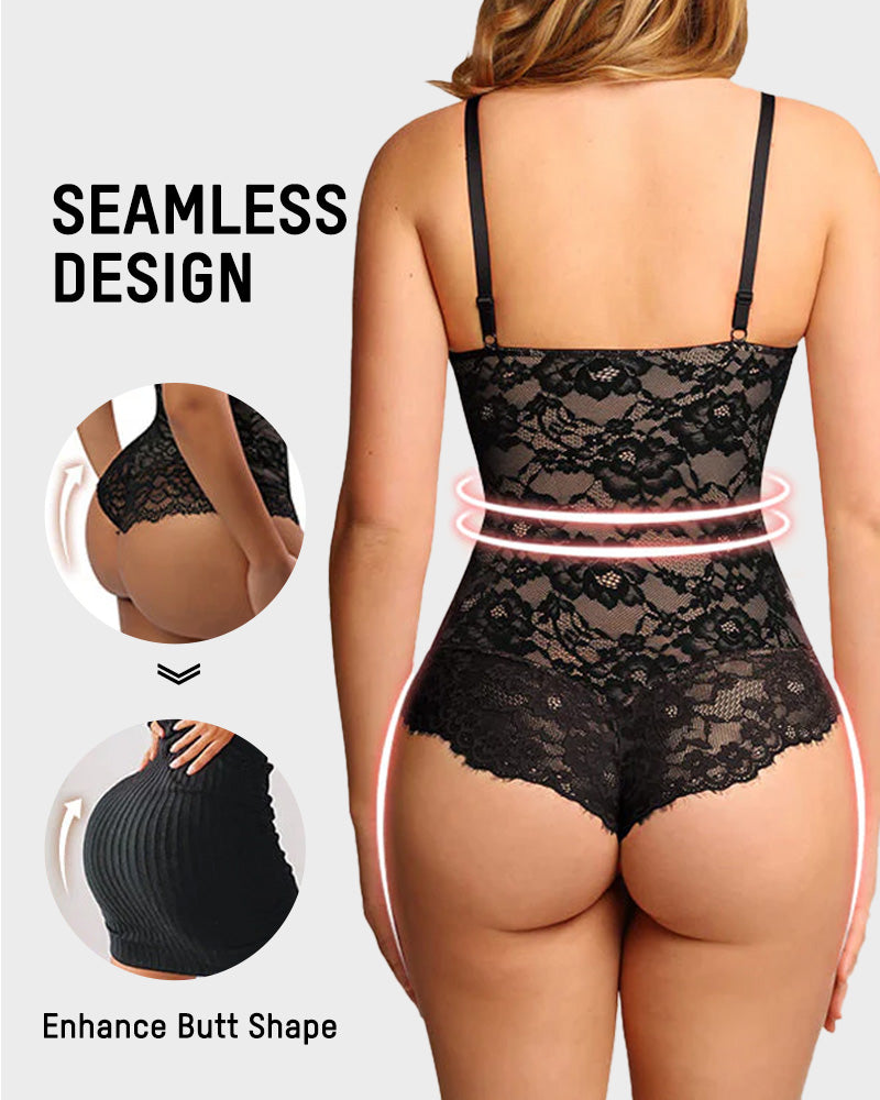 Elegant Deep V Lace Sculpting Thong Bodysuit for Women - Sexy Shapewear