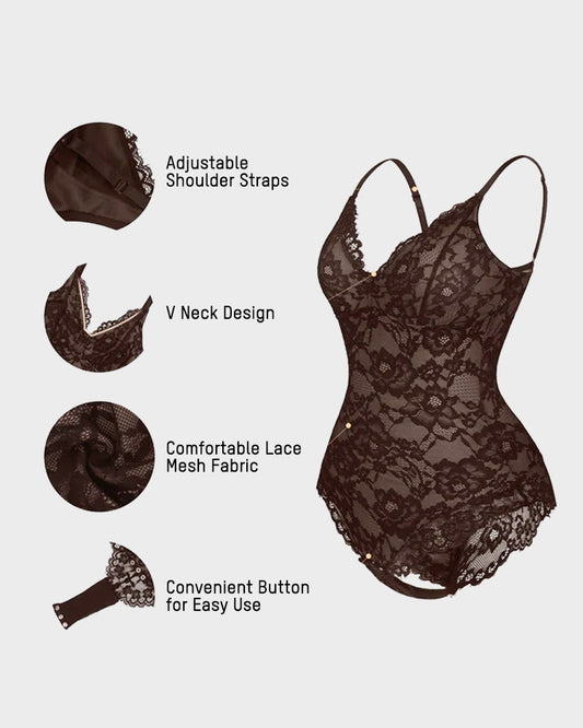 Elegant Deep V Lace Sculpting Thong Bodysuit for Women - Sexy Shapewear
