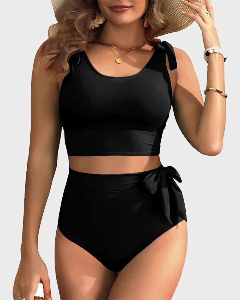 Double Tie Shoulder High Waist Tummy Control Bikini Set for Women