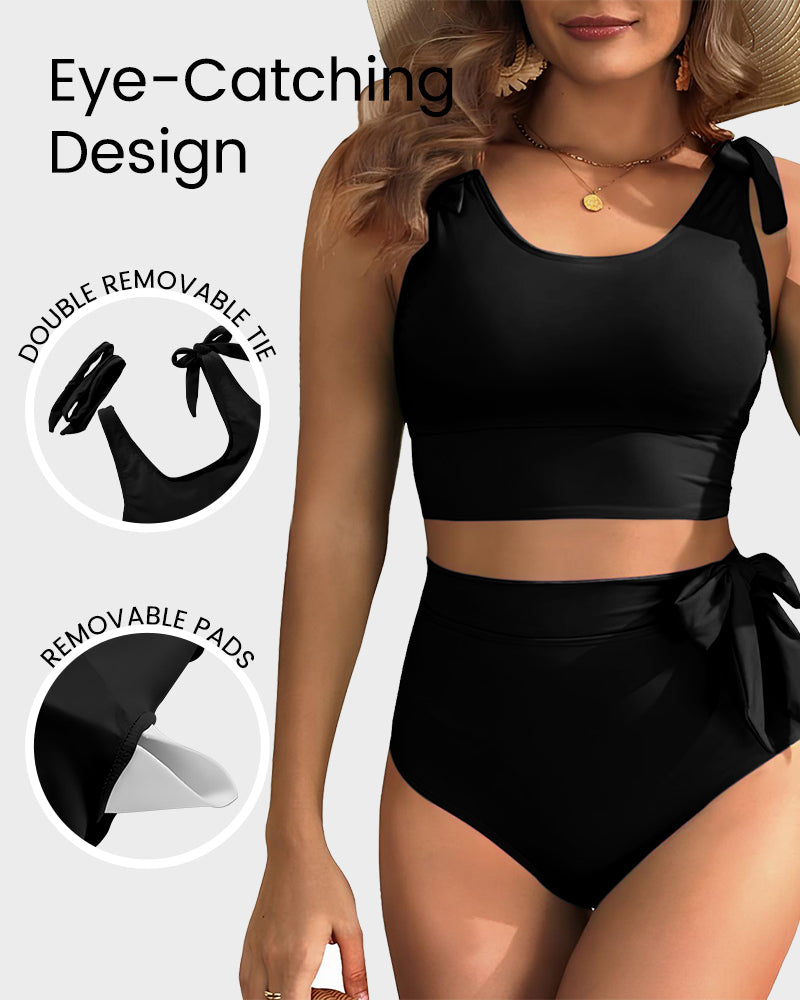 Double Tie Shoulder High Waist Tummy Control Bikini Set for Women