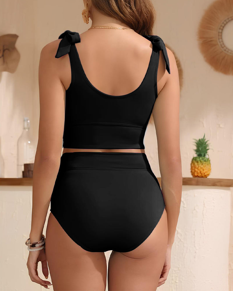 Double Tie Shoulder High Waist Tummy Control Bikini Set for Women