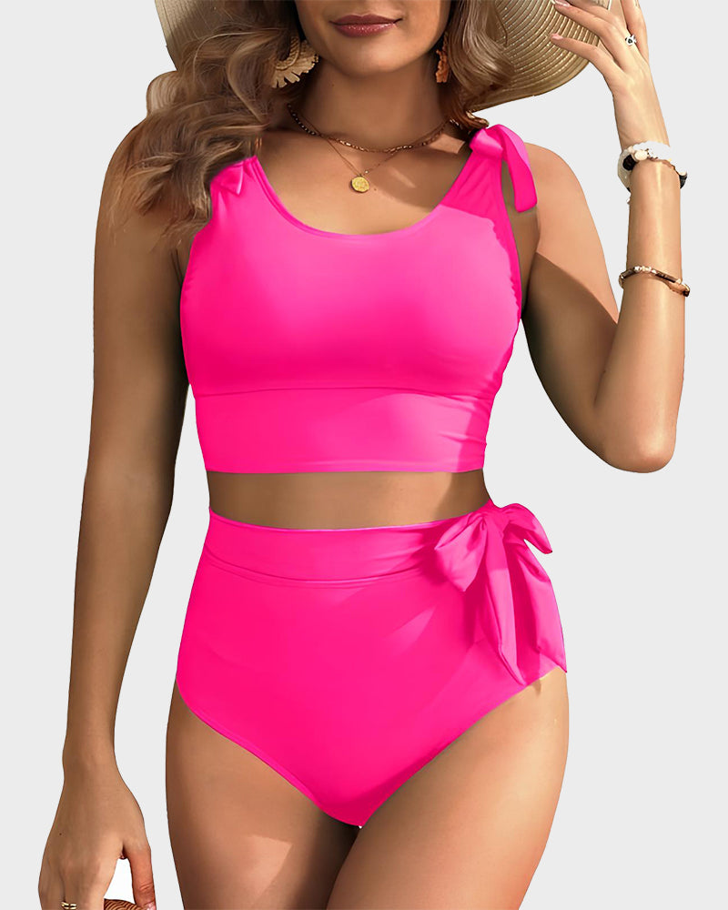 Double Tie Shoulder High Waist Tummy Control Bikini Set for Women