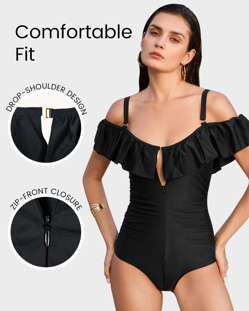Chic Drop-Shoulder Ruffled Zip-Front One-Piece Shapewear Swimsuit for Women