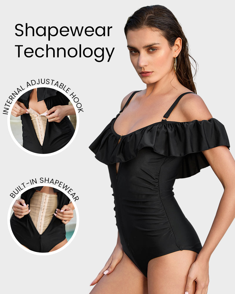 Chic Drop-Shoulder Ruffled Zip-Front One-Piece Shapewear Swimsuit for Women