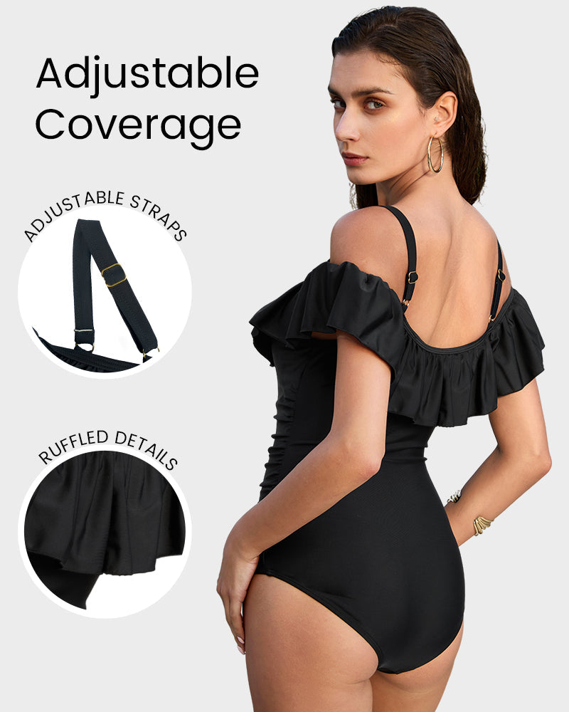 Chic Drop-Shoulder Ruffled Zip-Front One-Piece Shapewear Swimsuit for Women