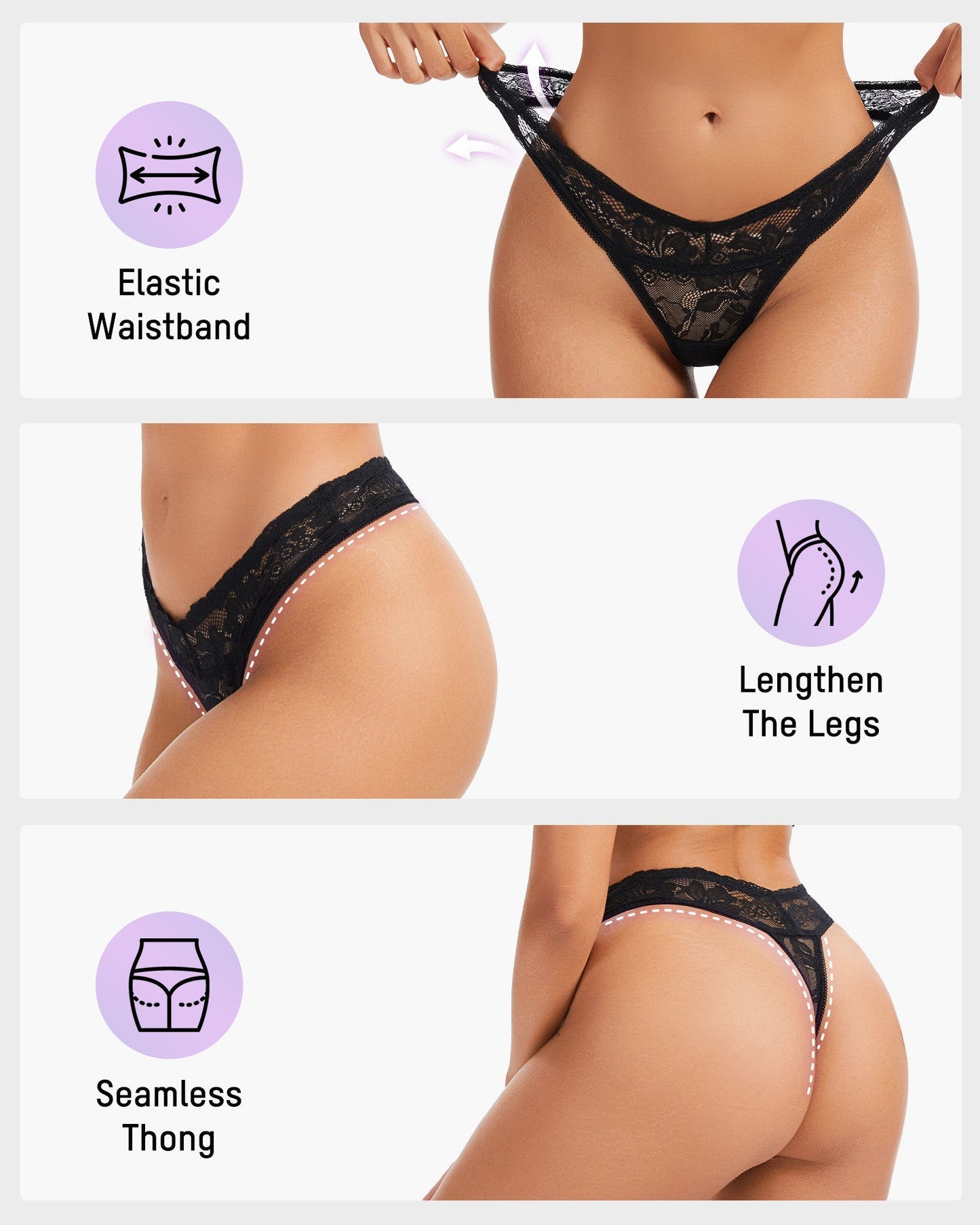 Elegant Comfort Floral Lace Thong 3 Pack: Sexy, Breathable, Seamless Women's Underwear