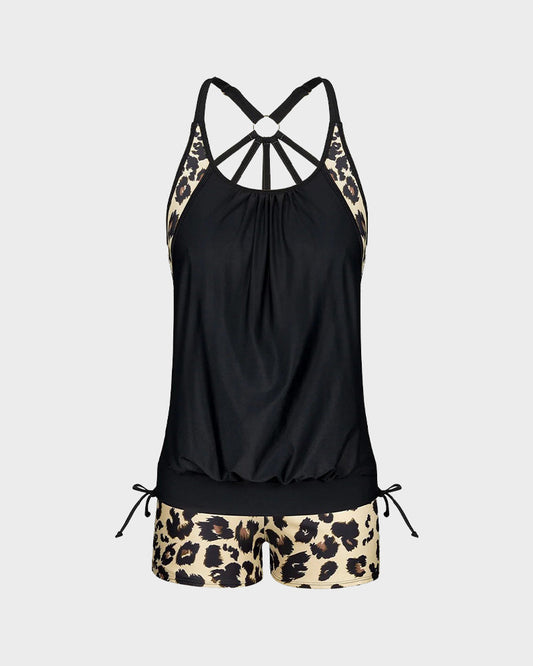 Chic Leopard Print Tankini Swimsuit: Flattering Two-Piece with Tummy Control & Support