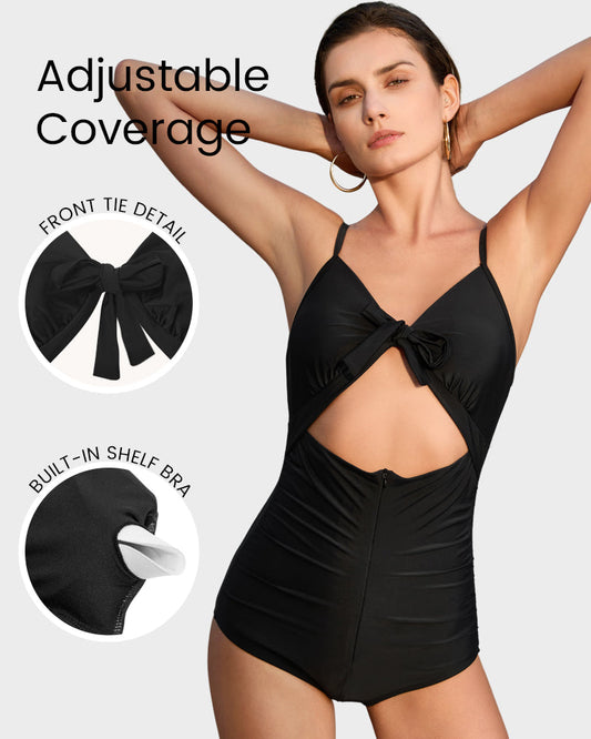 Elegant Front Tie Built-In Shapewear Sculpting One-Piece Swimsuit for Women