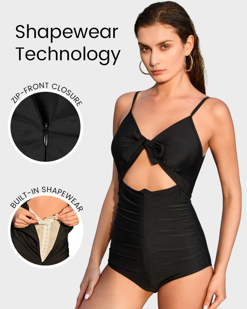 Elegant Front Tie Built-In Shapewear Sculpting One-Piece Swimsuit for Women