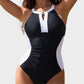 Women's Retro Color Block Full Coverage One-Piece Swimsuit - Modest Shaping Tummy Control