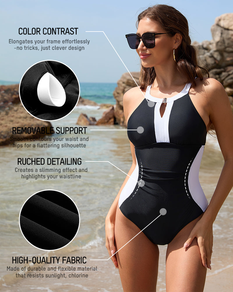 Women's Retro Color Block Full Coverage One-Piece Swimsuit - Modest Shaping Tummy Control