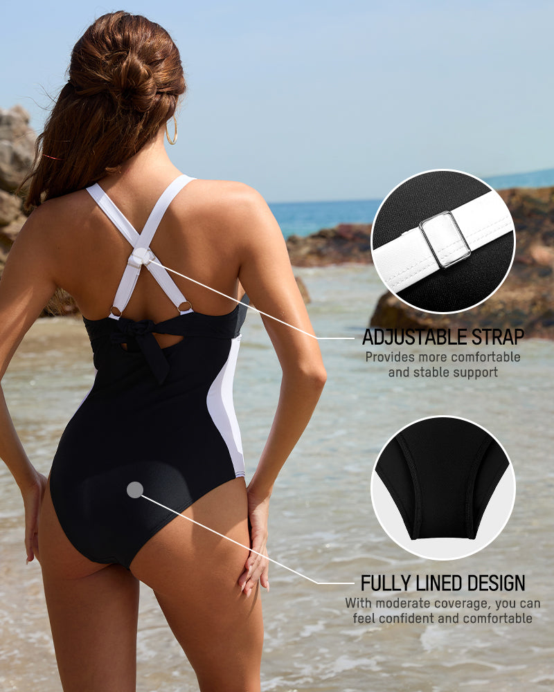Women's Retro Color Block Full Coverage One-Piece Swimsuit - Modest Shaping Tummy Control