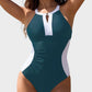 Women's Retro Color Block Full Coverage One-Piece Swimsuit - Modest Shaping Tummy Control