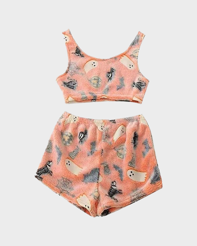 Cozy Glow-in-the-Dark Flannel Pajama Set with Spooky Pumpkin & Ghost