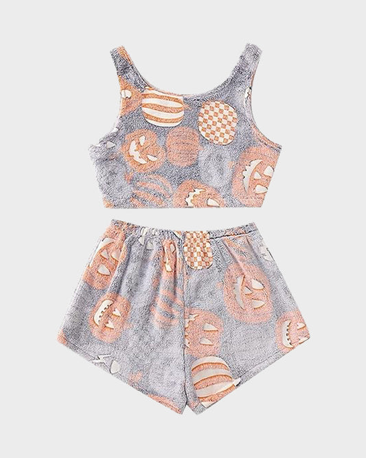 Cozy Glow-in-the-Dark Flannel Pajama Set with Spooky Pumpkin & Ghost