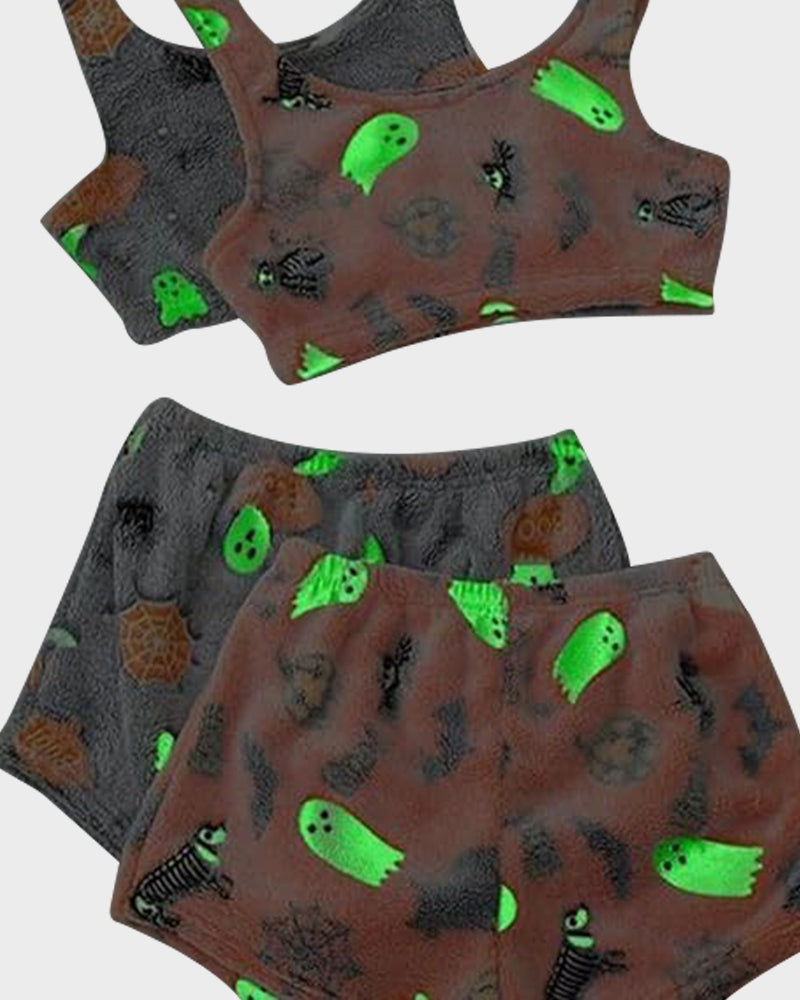 Cozy Glow-in-the-Dark Flannel Pajama Set with Spooky Pumpkin & Ghost