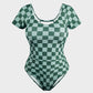 Chic Green Check Short Sleeve Modest One-Piece Swimsuit for Women