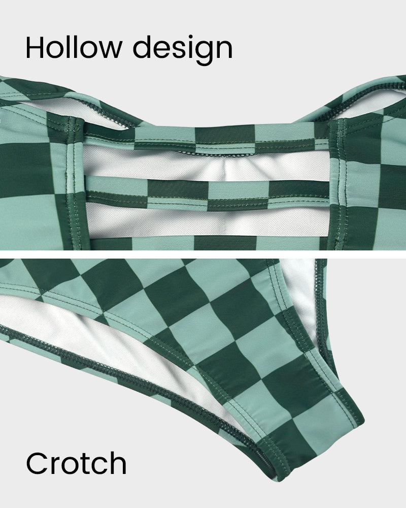 Chic Green Check Short Sleeve Modest One-Piece Swimsuit for Women