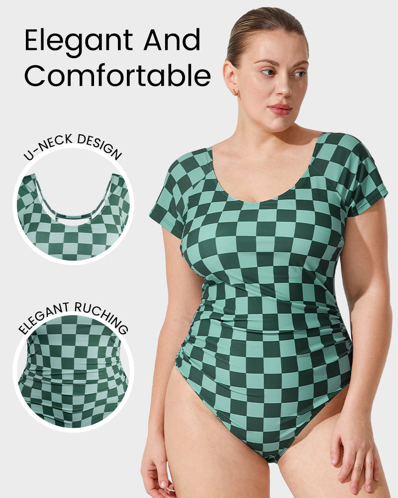 Chic Green Check Short Sleeve Modest One-Piece Swimsuit for Women