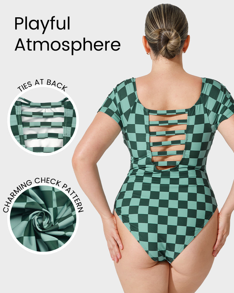 Chic Green Check Short Sleeve Modest One-Piece Swimsuit for Women