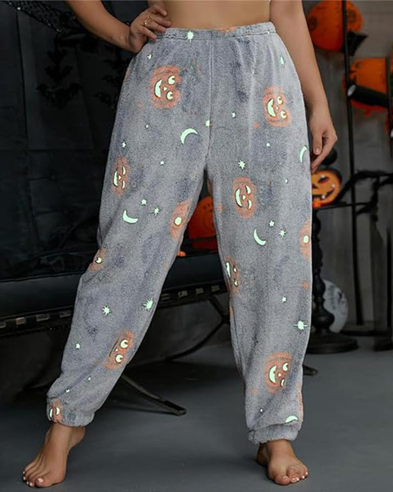 Glow-in-the-Dark Flannel Pajama Pants: Spooky Halloween Ghost & Pumpkin Print