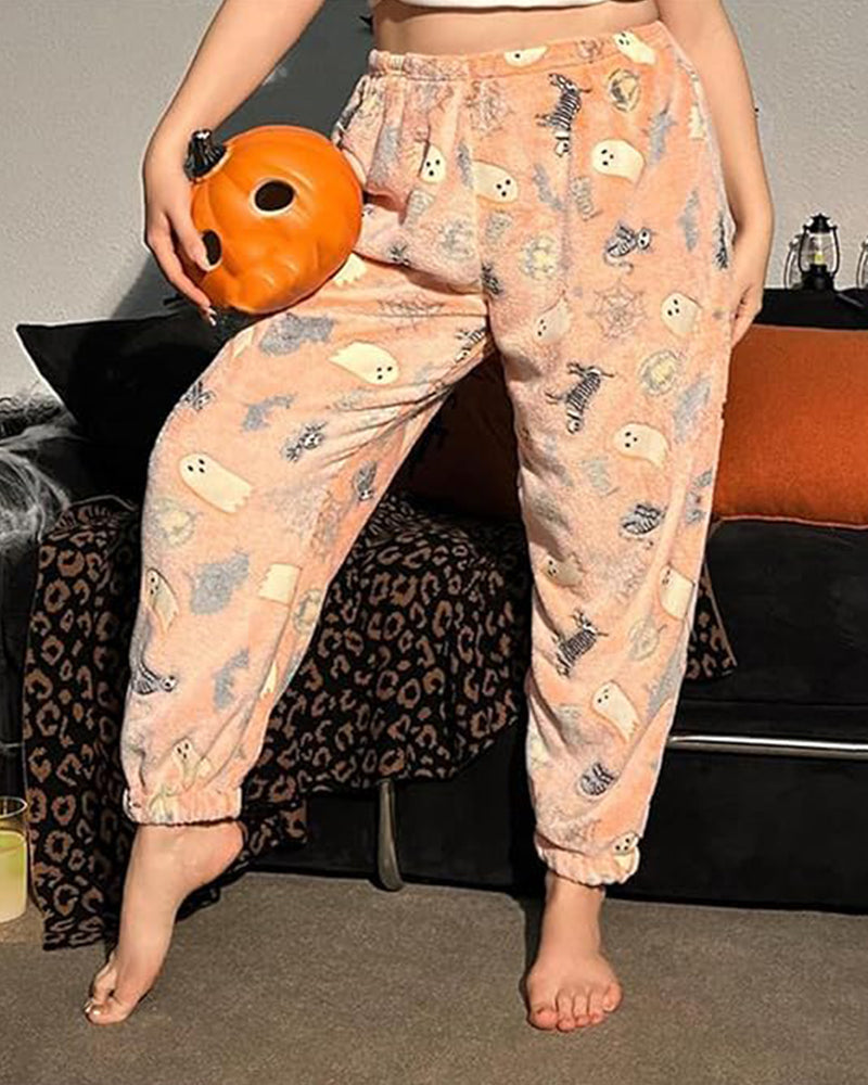 Glow-in-the-Dark Flannel Pajama Pants: Spooky Halloween Ghost & Pumpkin Print