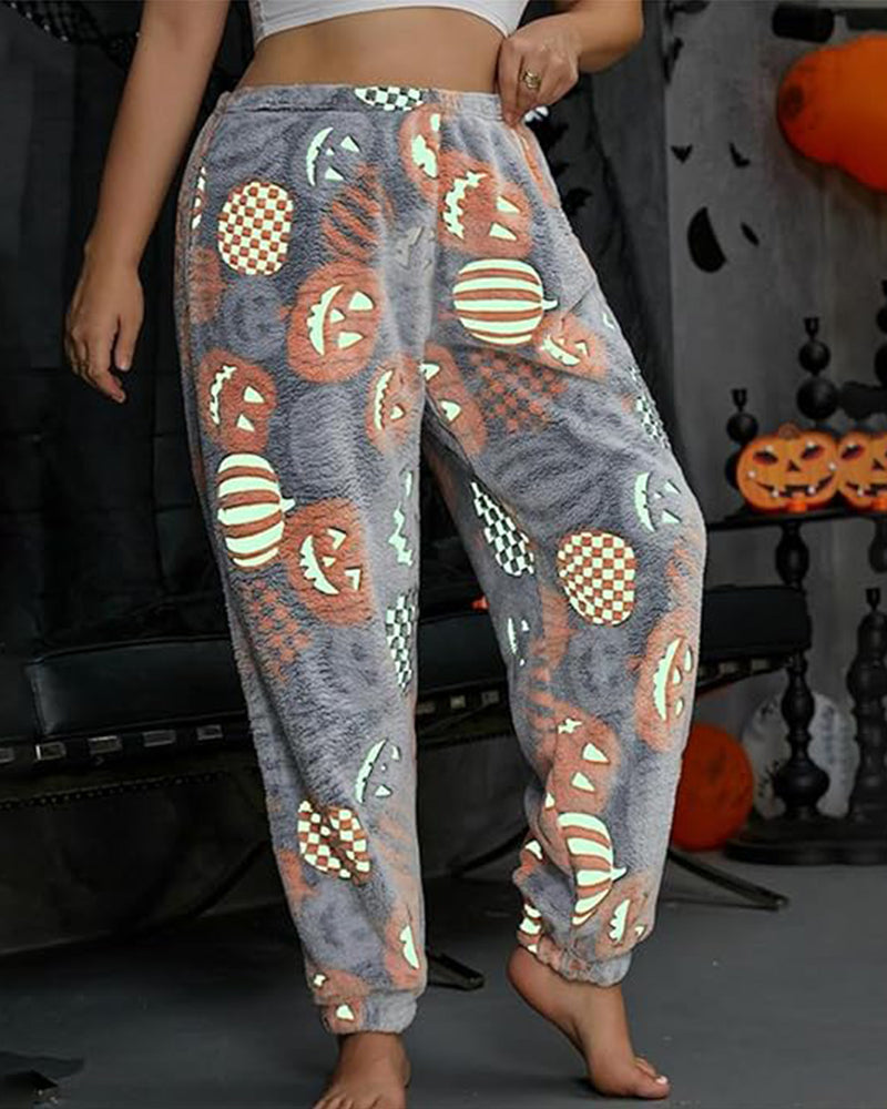 Glow-in-the-Dark Flannel Pajama Pants: Spooky Halloween Ghost & Pumpkin Print