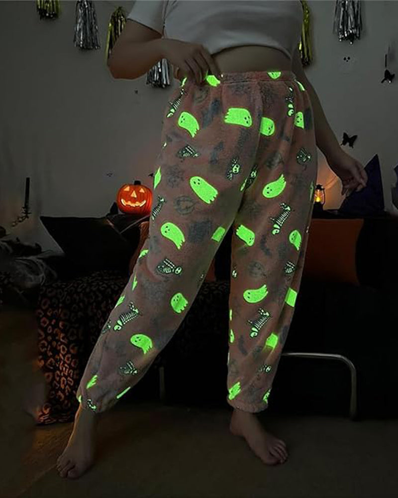 Glow-in-the-Dark Flannel Pajama Pants: Spooky Halloween Ghost & Pumpkin Print