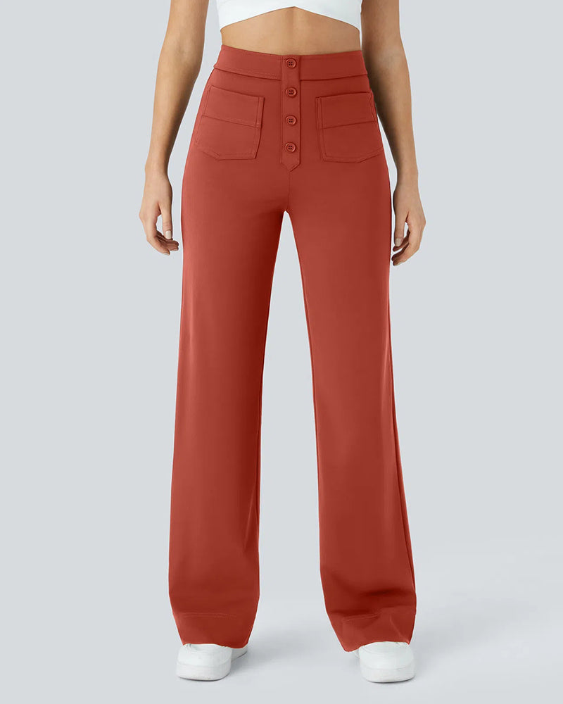 Stylish High-Waist Button Front Straight-Leg Pants - Comfortable Stretch Fabric Trousers