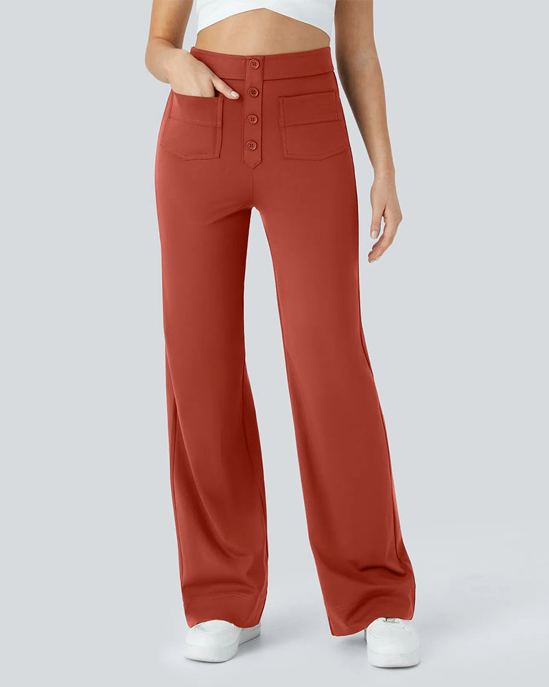 Stylish High-Waist Button Front Straight-Leg Pants - Comfortable Stretch Fabric Trousers