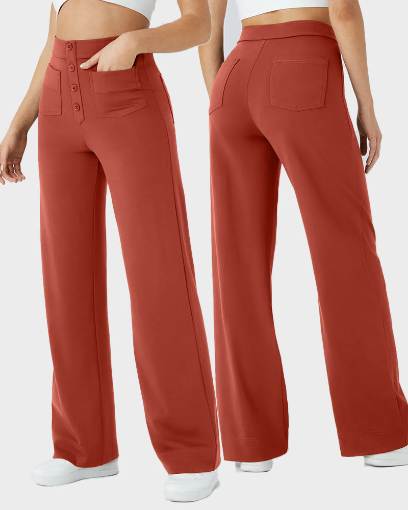 Stylish High-Waist Button Front Straight-Leg Pants - Comfortable Stretch Fabric Trousers