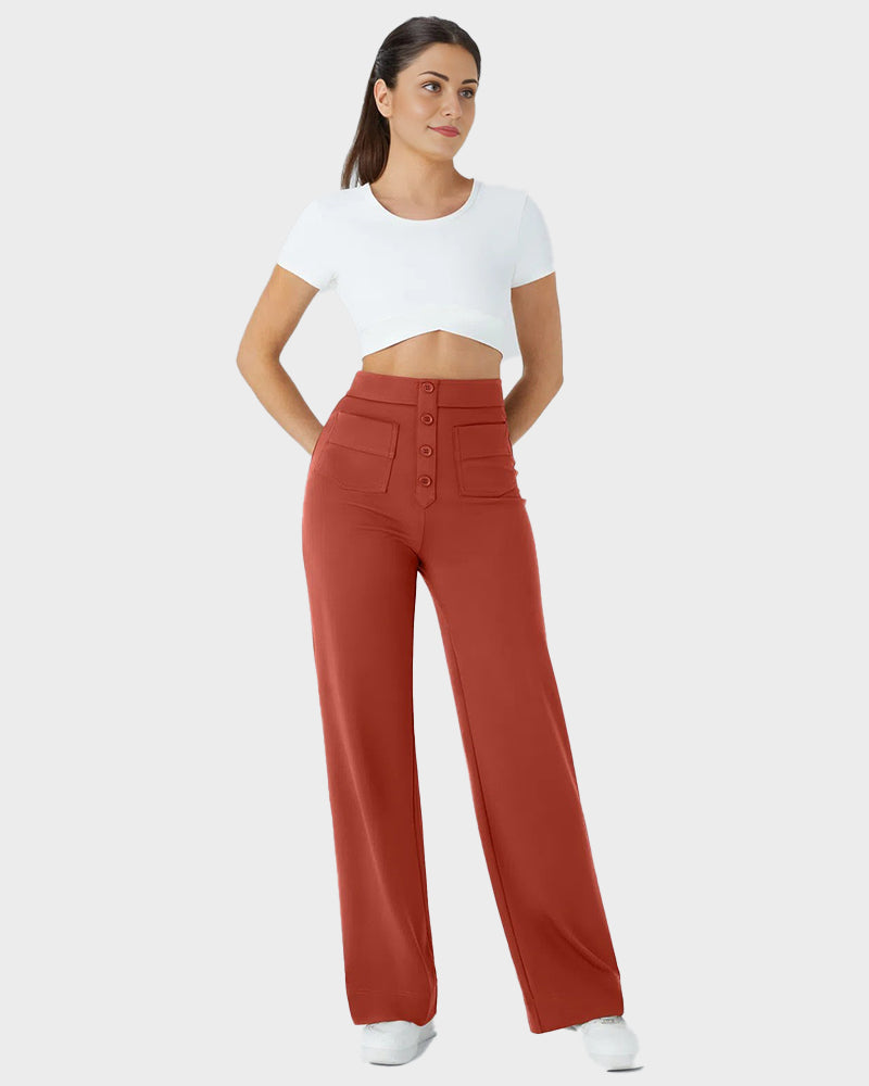 Stylish High-Waist Button Front Straight-Leg Pants - Comfortable Stretch Fabric Trousers