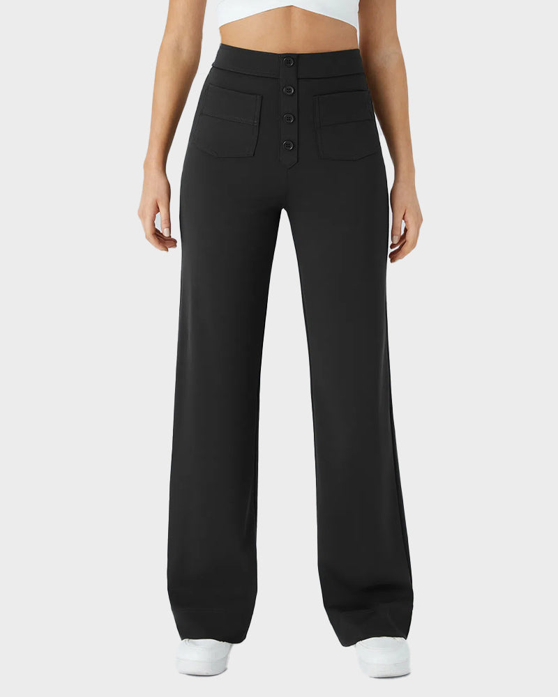 Stylish High-Waist Button Front Straight-Leg Pants - Comfortable Stretch Fabric Trousers