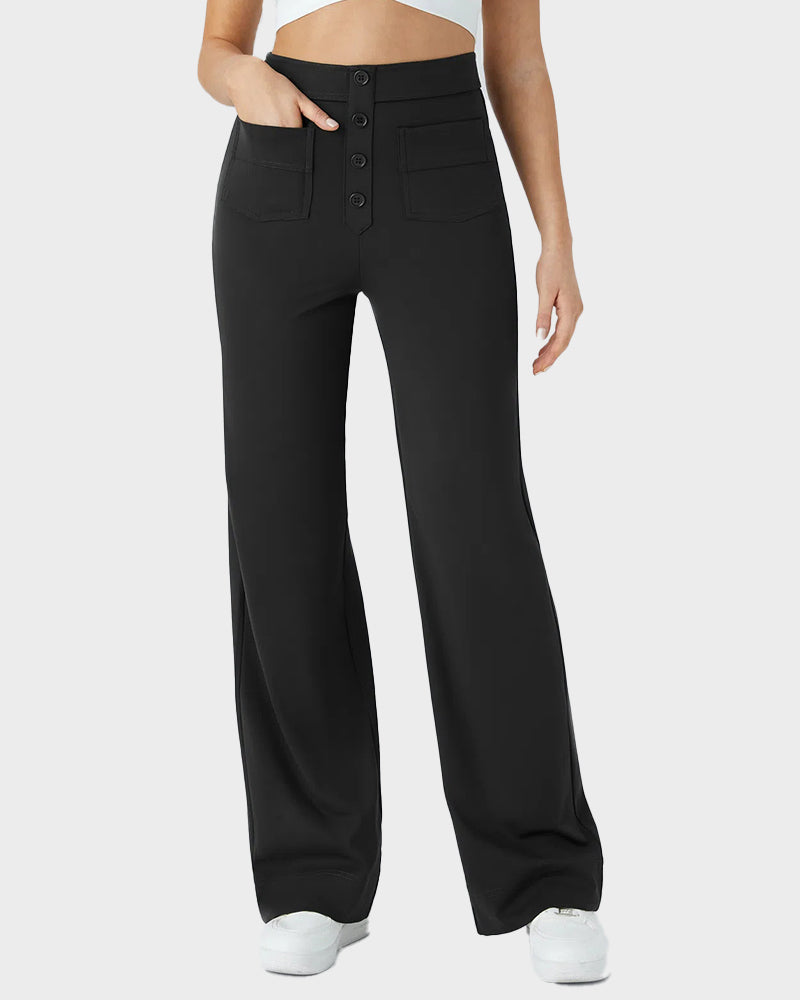 Stylish High-Waist Button Front Straight-Leg Pants - Comfortable Stretch Fabric Trousers