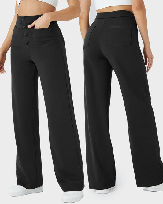 Stylish High-Waist Button Front Straight-Leg Pants - Comfortable Stretch Fabric Trousers