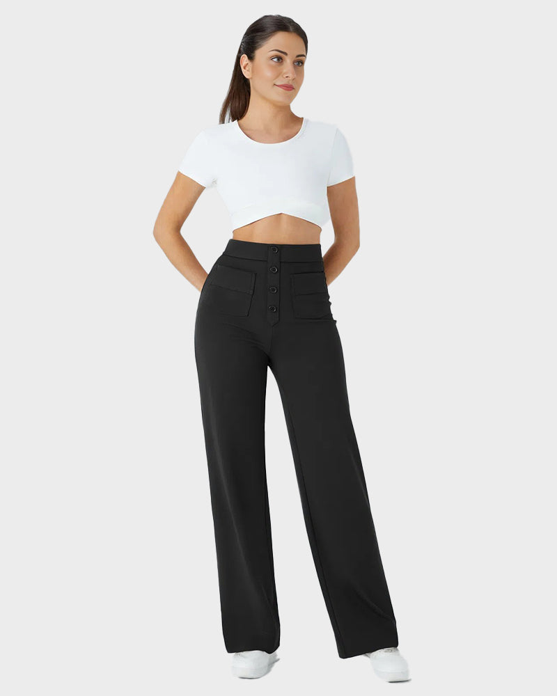Stylish High-Waist Button Front Straight-Leg Pants - Comfortable Stretch Fabric Trousers