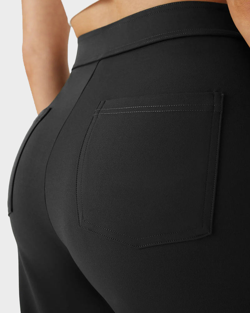 Stylish High-Waist Button Front Straight-Leg Pants - Comfortable Stretch Fabric Trousers
