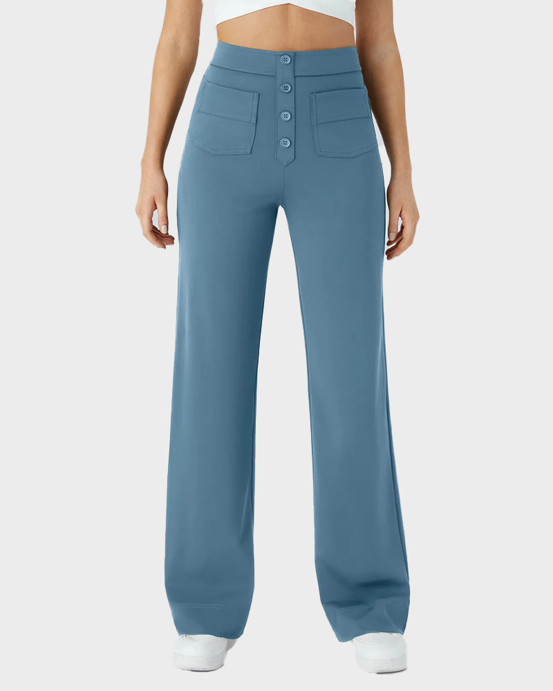 Stylish High-Waist Button Front Straight-Leg Pants - Comfortable Stretch Fabric Trousers