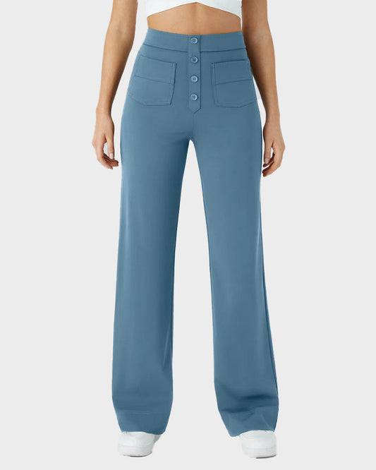 Stylish High-Waist Button Front Straight-Leg Pants - Comfortable Stretch Fabric Trousers