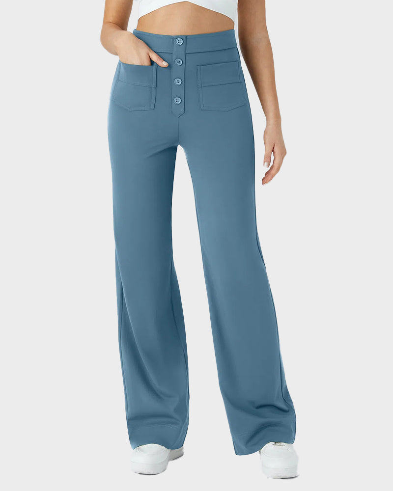 Stylish High-Waist Button Front Straight-Leg Pants - Comfortable Stretch Fabric Trousers