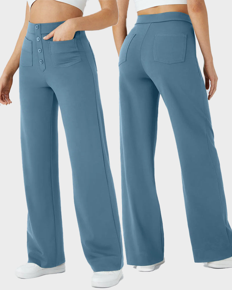 Stylish High-Waist Button Front Straight-Leg Pants - Comfortable Stretch Fabric Trousers