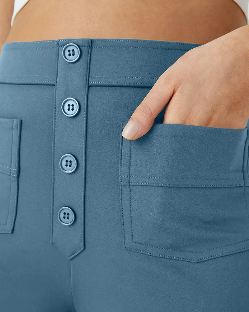 Stylish High-Waist Button Front Straight-Leg Pants - Comfortable Stretch Fabric Trousers