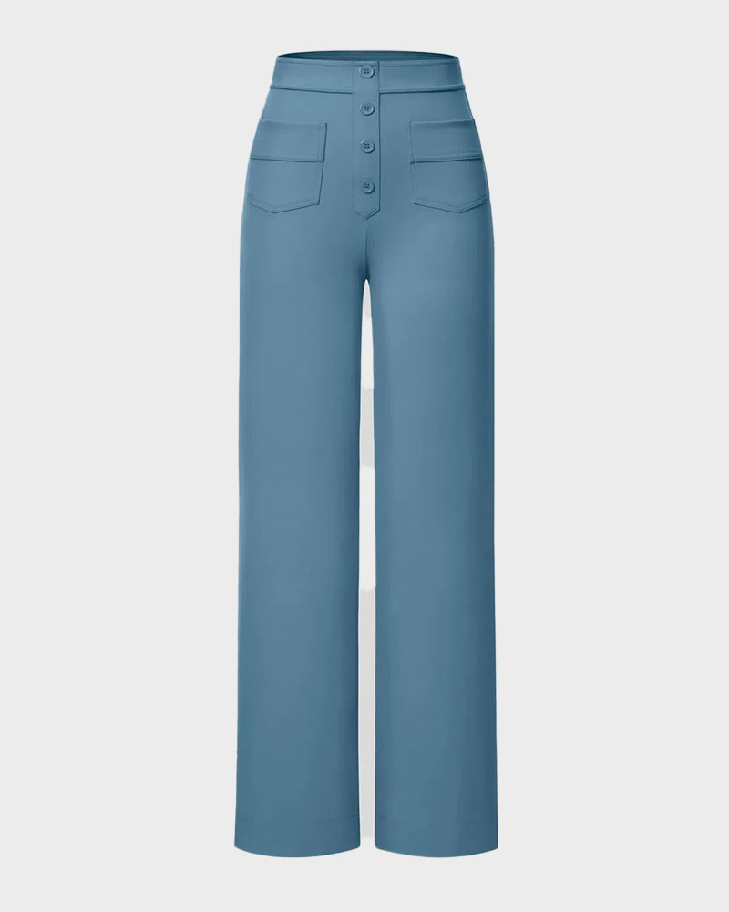 Stylish High-Waist Button Front Straight-Leg Pants - Comfortable Stretch Fabric Trousers