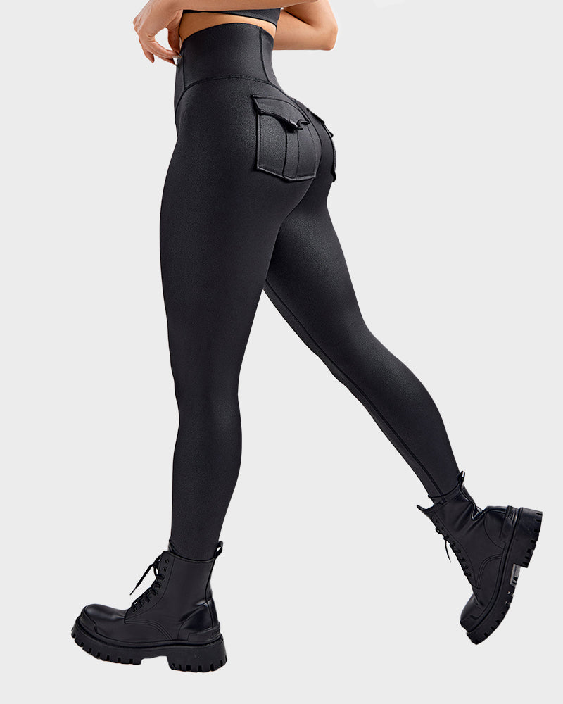 High-Waist Faux Leather Cargo Leggings: Sculpting, Squat-Proof, Breathable, with Pockets