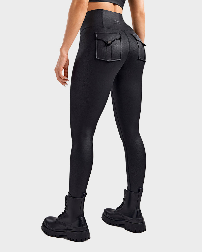 High-Waist Faux Leather Cargo Leggings: Sculpting, Squat-Proof, Breathable, with Pockets