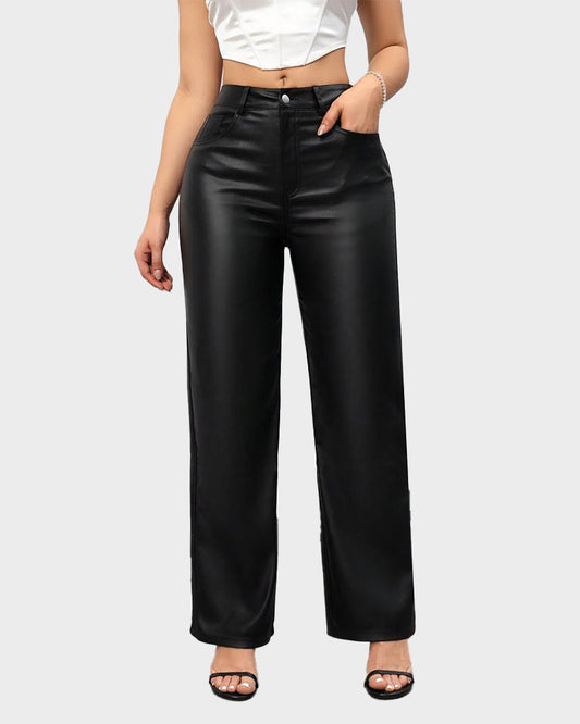 Chic High-Waist Faux Leather Straight-Leg Pants with Pockets for Women