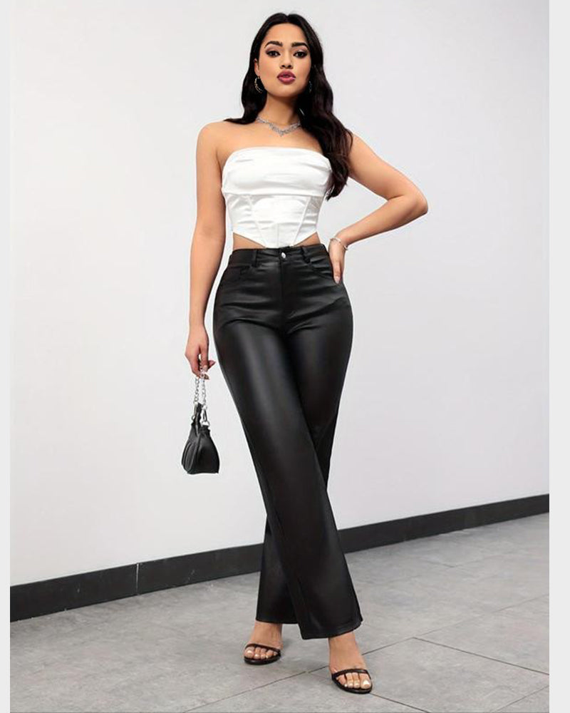 Chic High-Waist Faux Leather Straight-Leg Pants with Pockets for Women